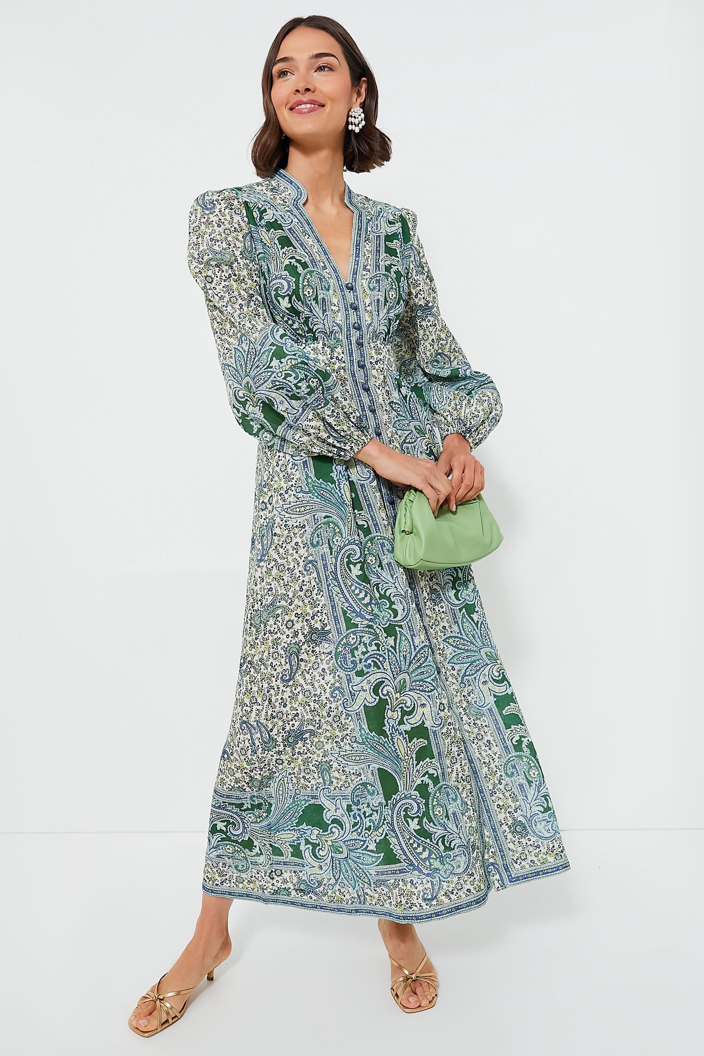 Green Paisley Ottie Plunge Midi Dress