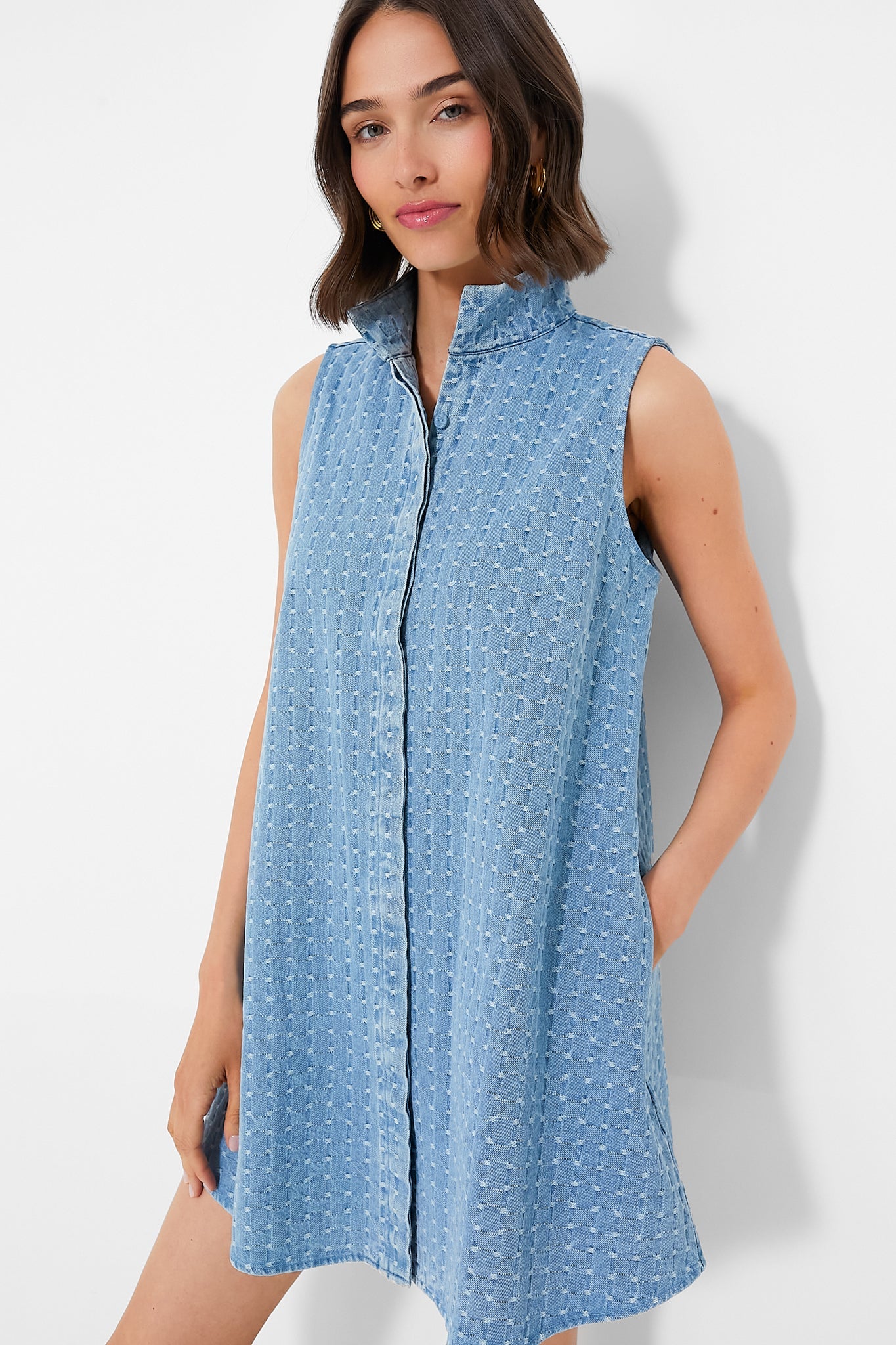 Light Wash Denim Dot Sleeveless Charlie Dress