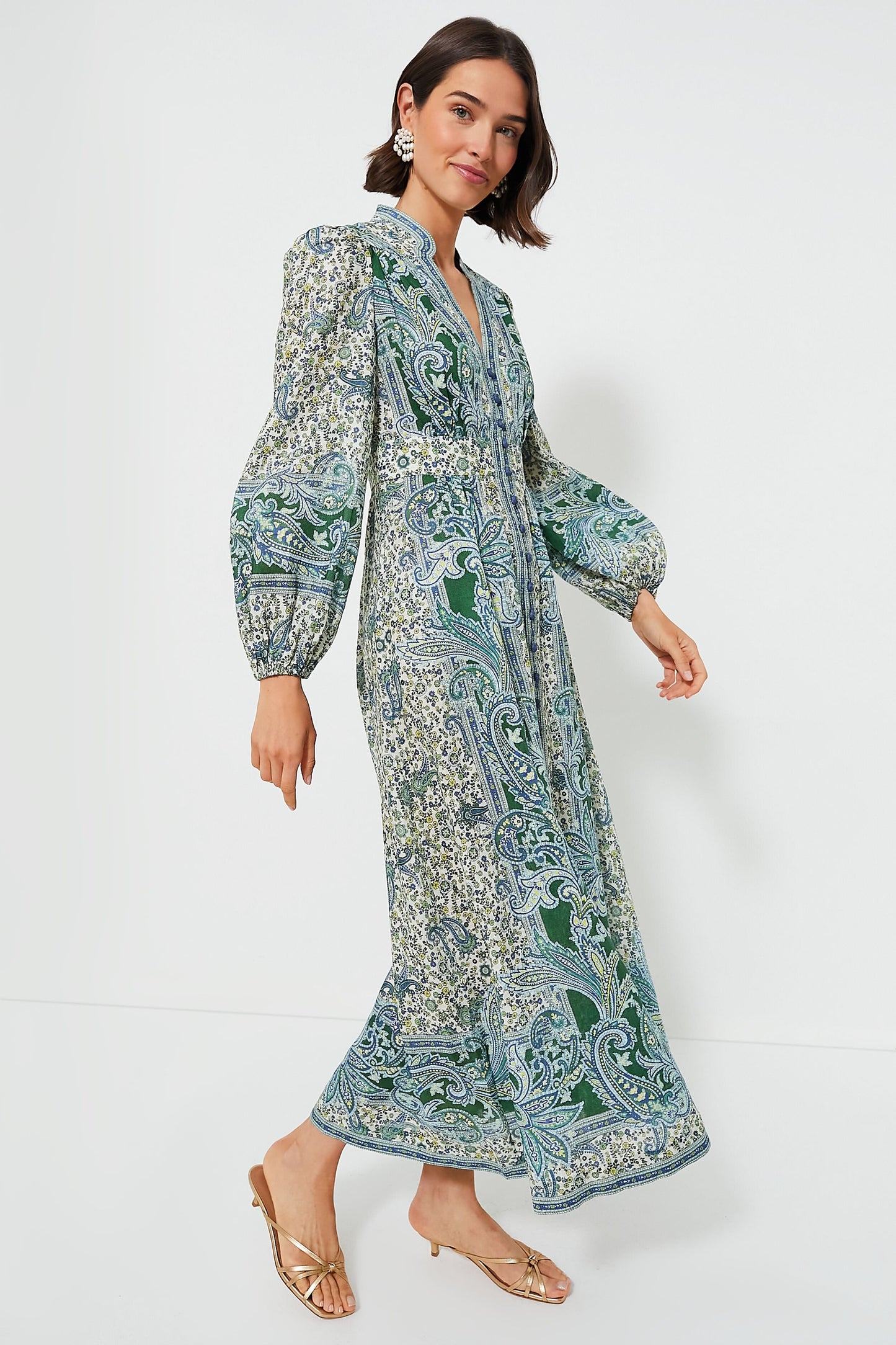Green Paisley Ottie Plunge Midi Dress