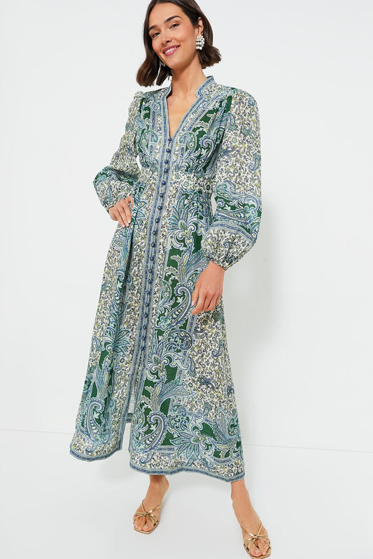 Green Paisley Ottie Plunge Midi Dress